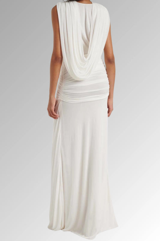 INNOVARE DENIM Ceylin Plunge Ruch Asymmetric Maxi Dress