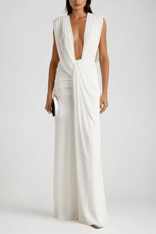 INNOVARE DENIM Ceylin Plunge Ruch Asymmetric Maxi Dress