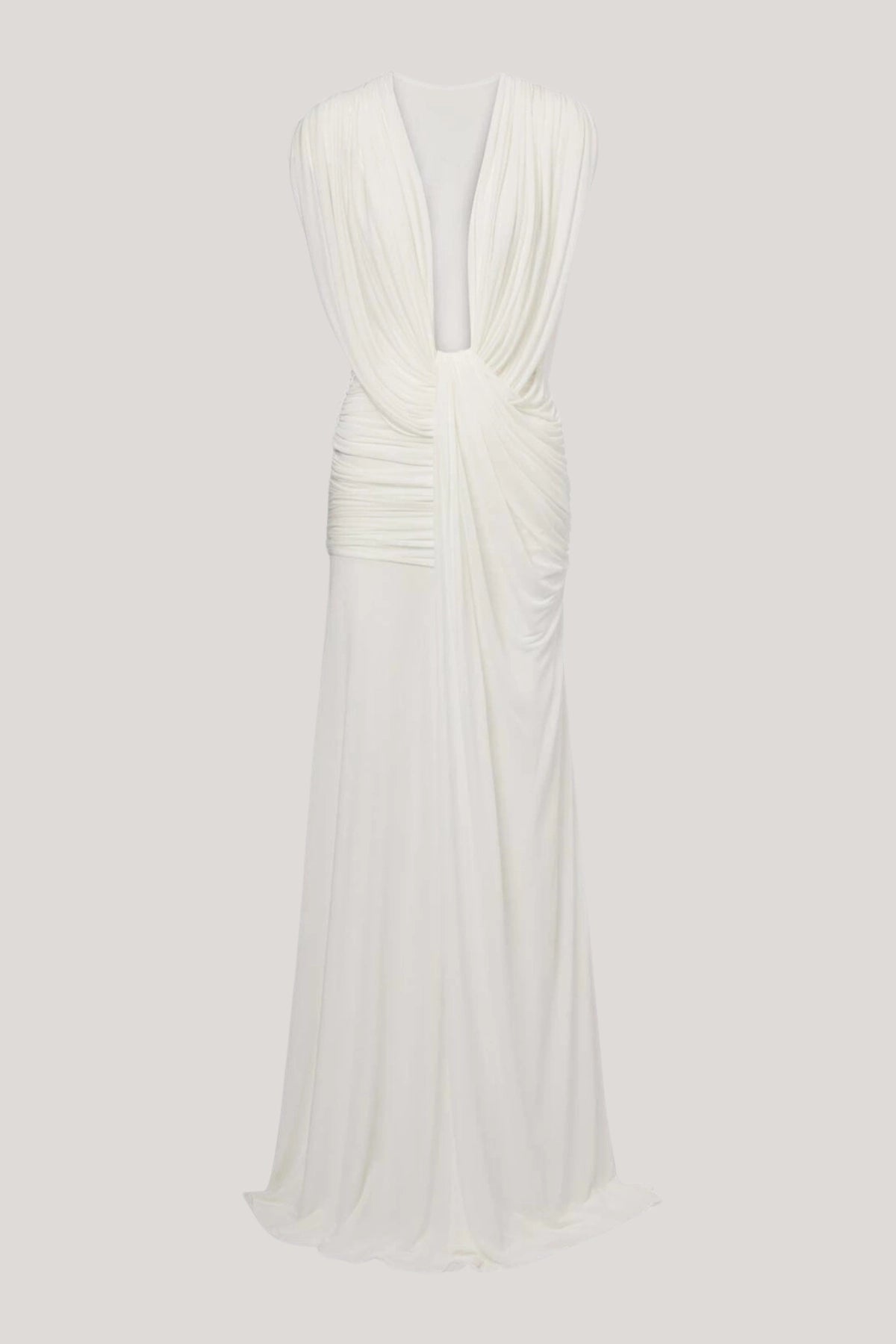 INNOVARE DENIM Ceylin Plunge Ruch Asymmetric Maxi Dress