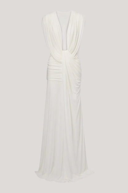 INNOVARE DENIM Ceylin Plunge Ruch Asymmetric Maxi Dress